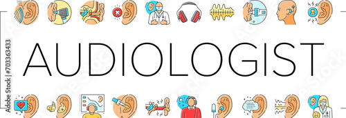 audiologist doctor ear deaf icons set vector. aid health, otolaryngologist test, adult woman, patient technology, hear audiologist doctor ear deaf color line illustrations