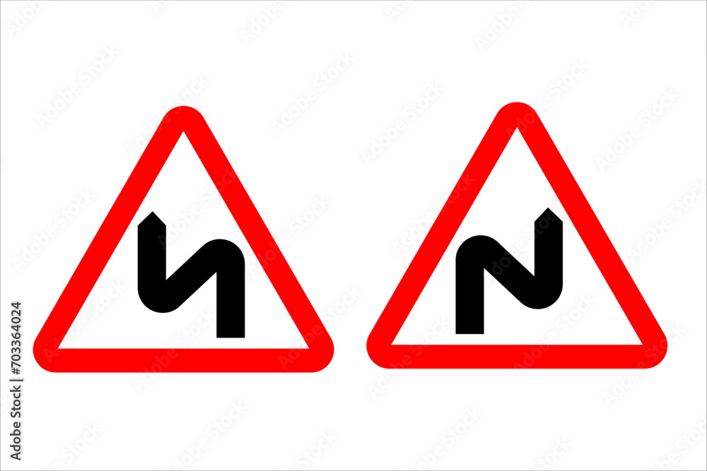 Road signs double bend, first to the left and double bend, first to the right. Information road sign. Dangerous turn with the first left turn. Vector illustration. Road signs double bend, first to the left and double bend, first to the right. Information road sign. Dangerous turn with the first left turn. Vector illustration.
