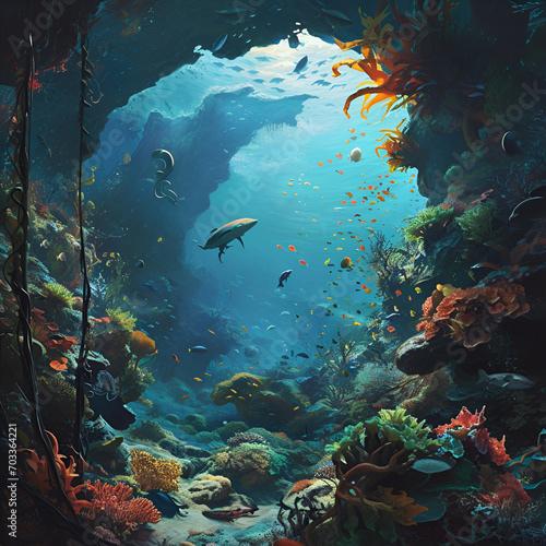 Dive into the depths of the ocean  showcasing colorful marine life and hidden treasures.