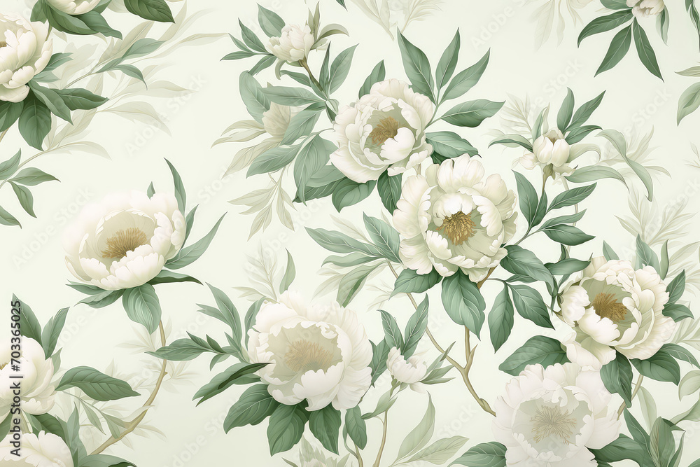 Fototapeta premium Creme peonia flower, mint color leaf, wallpaper, background, mural art, interior decor