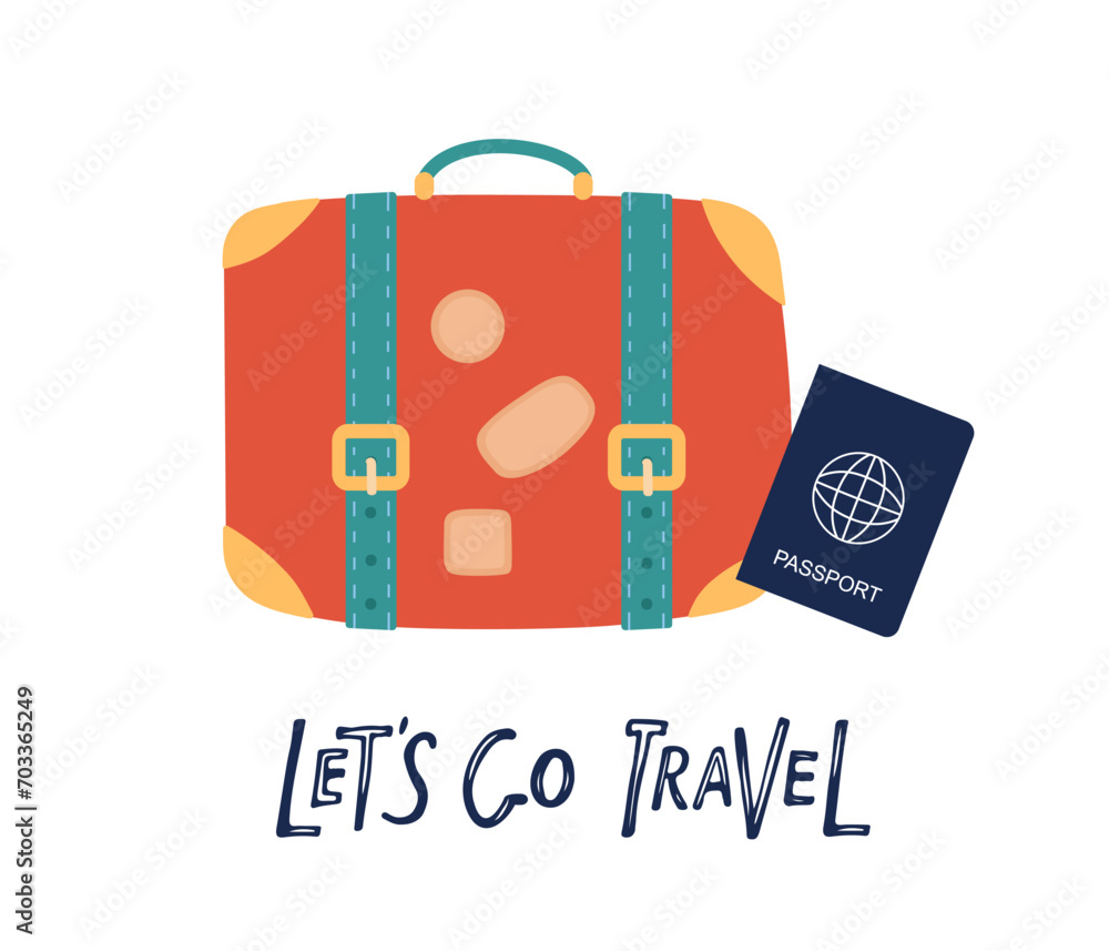 Naklejka premium Lets go travel lettering. Red suitcase, passport, voyage or vacation isolated on white. Flat vector illustration of traveler's luggage in old style