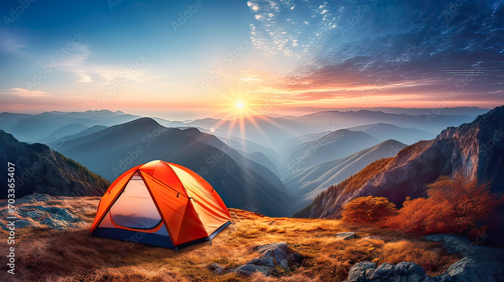 a tourist tent on the mountainside , against the background of a beautiful mountain landscape


