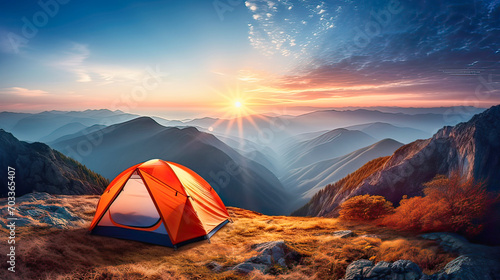 a tourist tent on the mountainside , against the background of a beautiful mountain landscape
