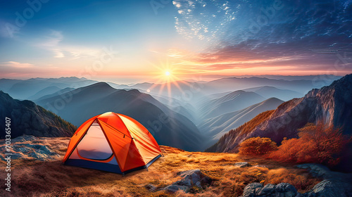 a tourist tent on the mountainside , against the background of a beautiful mountain landscape    © Tereza