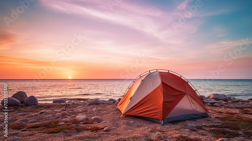 there is a tourist tent on the seashore  a beautiful landscape  sunset 