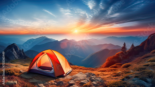 there is a tourist tent on the mountainside, a beautiful landscape, sunrise