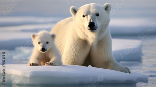 Polar bears mother and cub standing on melting ice floe, endangered species and global warming concept.