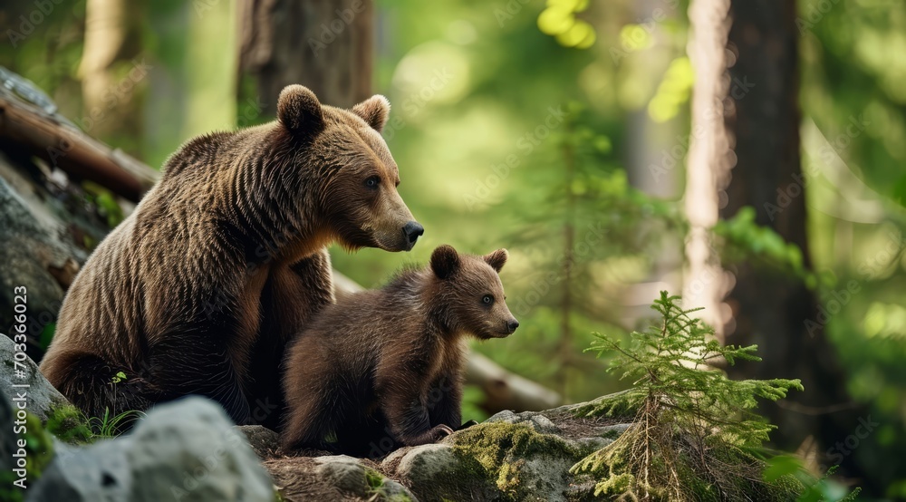 Obraz premium Mother bear and her cub sharing a tender moment in the forest.