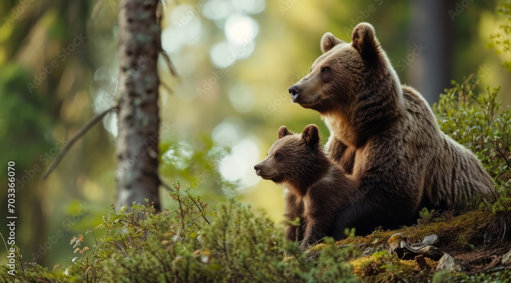 Obraz premium Mother bear and her cub sharing a tender moment in the forest.