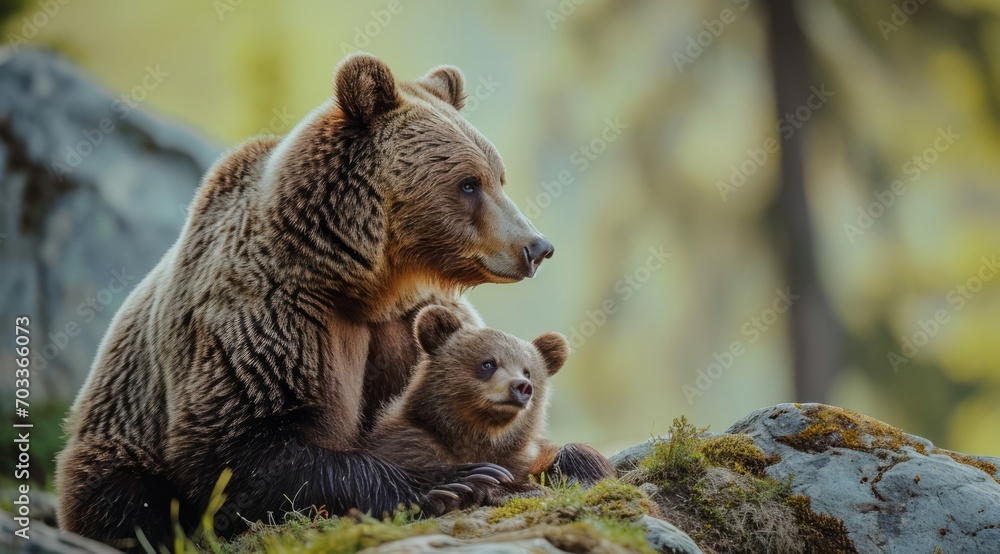 Fototapeta premium Mother bear and her cub sharing a tender moment in the forest.