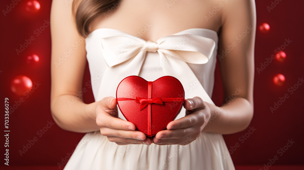 Women wearing white dress holding heart shape gift box in her hands on red background, giving present on New year and Valentines day. Women wearing white dress holding heart shape gift box in her hands on red background, giving present on New year and Valentines day.