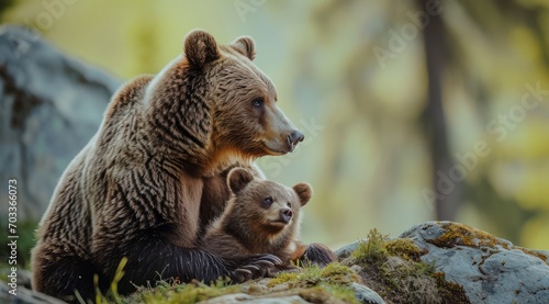 Mother bear and her cub sharing a tender moment in the forest.