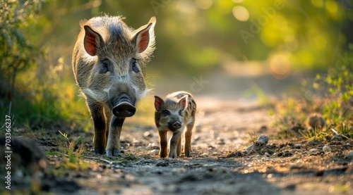 A wild boar and her piglet wandering down a forest path together.