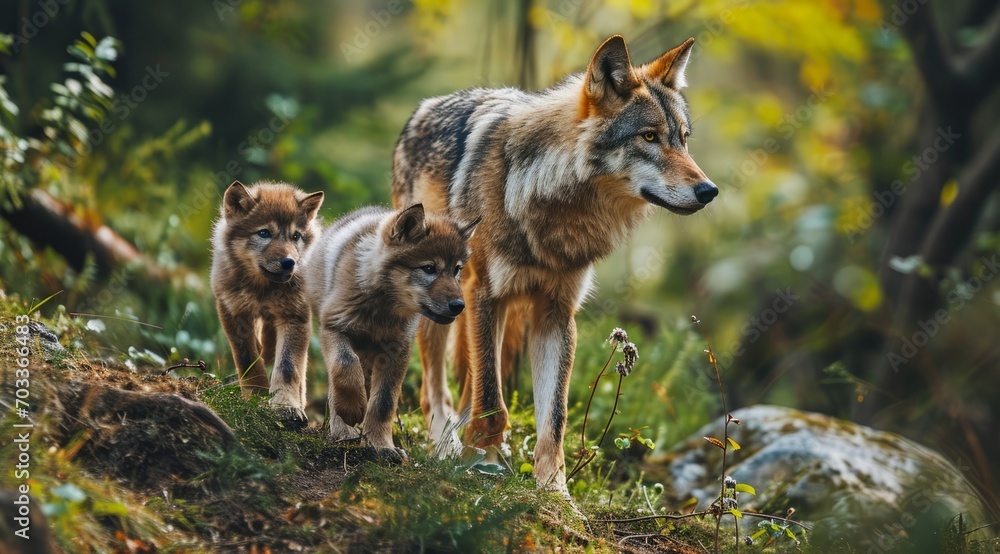 A wolf pack at dusk, an adult watches over the playful cubs. A wolf pack at dusk, an adult watches over the playful cubs.