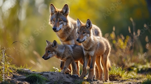 A wolf pack at dusk, an adult watches over the playful cubs.