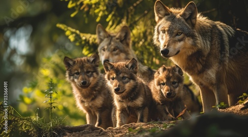 A wolf pack at dusk, an adult watches over the playful cubs.