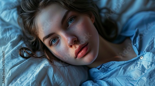 Portrait Attractive Girl Blue Shirt Lying, Background HD For Designer