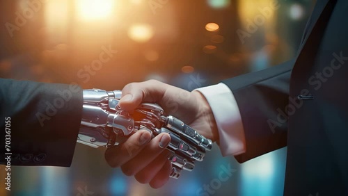 A man in a suit and tie shaking hands with a robot. Generative ai photo
