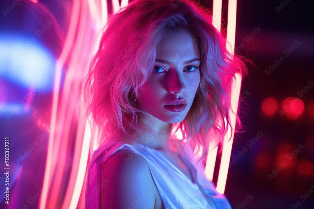 young beautiful woman with pink blue neon light at party in club with copy space young beautiful woman with pink blue neon light at party in club with copy space