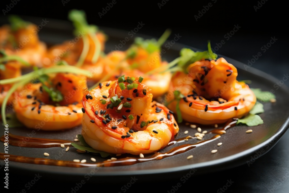 vegan shrimp appetizer at restaurant on dark plate on black background vegan shrimp appetizer at restaurant on dark plate on black background