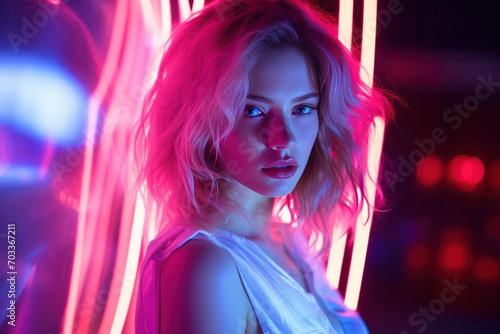 young beautiful woman with pink blue neon light at party in club with copy space