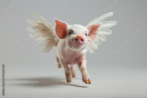Little pink pig with white feather angelic wings bounces playfully, in full length, studio portrait.