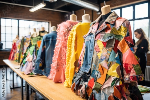 colorful upcycled clothes on mannequins at atelier holding upcycling fashion classes. Sewing, craft and knitting hobby.  photo