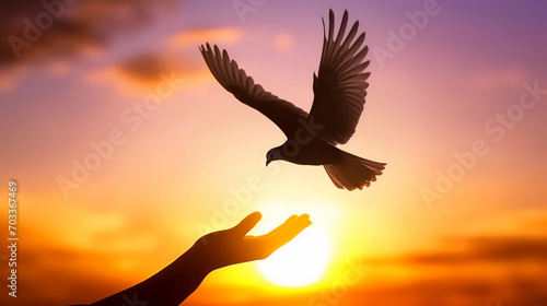 Silhouette of a dove flying back to the hands. Freedom concept. Generative AI © Катерина Нагірна
