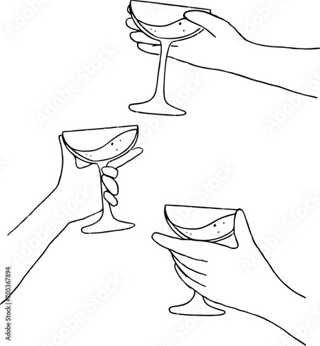 Hands holding glasses with champagne. Celebrating concept. Outline style. Cheers at the party