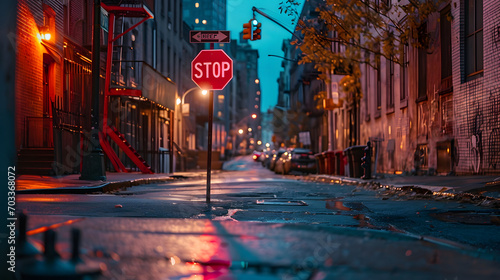 Urban night scene with a stop sign on a wet street, illuminated by city lights and neon signs. photo