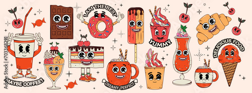 Characters with faces and facial expressions. Set of food in groovy style. Coffee, ice cream, milkshake, chocolate, croissant, Y2k. Vector stock illustration. Isolated. Trendy psychedelic design. 