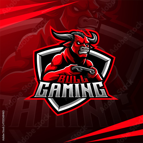 Bull Gaming esports team logo with shield or bull gamer with controller mascot logo for stream