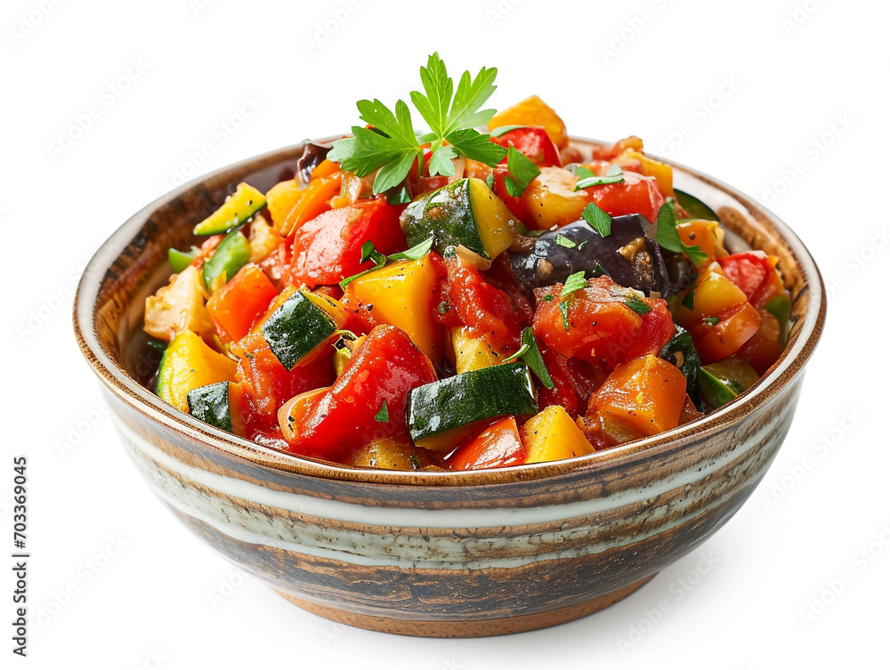 A bowl of ratatouille isolated on white background in minimalist style, 