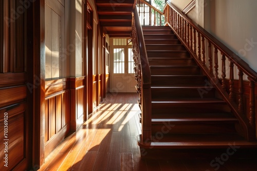 American Home  Bright  Empty Hallway with Wooden Staircase and Hardwood Floors