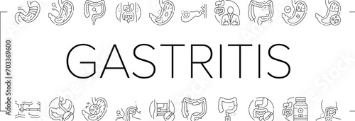 gastroenterologist doctor stomach icons set vector. health gastroenterology, intestine research, medical bowel, disease microbiota gastroenterologist doctor stomach black line illustrations photo