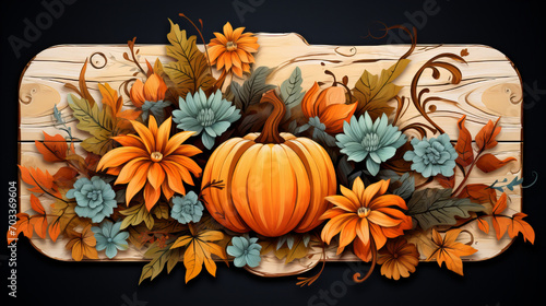 Autumn Pumpkin and Flowers Arrangement  decorative autumnal arrangement featuring a vibrant pumpkin amid a floral backdrop of orange and teal blooms