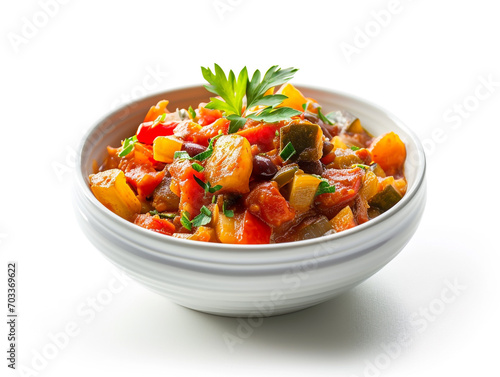 A bowl of ratatouille isolated on white background in minimalist style, 