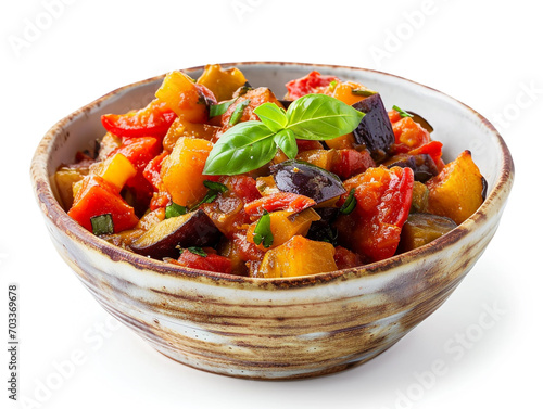 A bowl of ratatouille isolated on white background in minimalist style, 