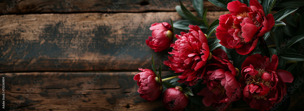 Flower frame with red peonies on the dark wooden background. Visual concept for greeting card, invitation or romantic event, flatlay banner with space for text