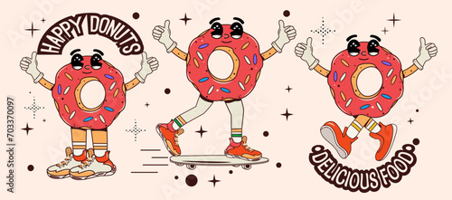 Funny Donuts. Characters with faces and facial expressions. Set of food in groovy style. Skateboarding. Sneakers. Y2k. Vector illustration. Isolated. Trendy psychedelic design. Hippie. Sticker pack