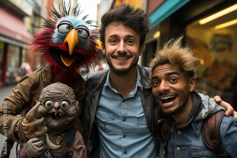 Obraz premium Two friends smiling with colorful puppet characters in an urban street setting