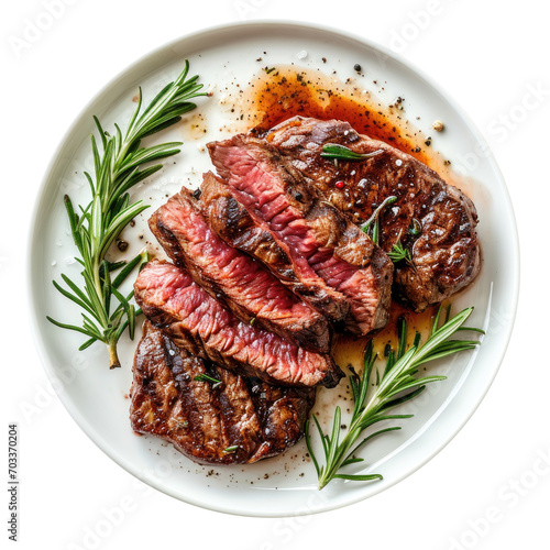 grilled meat with tomato and potato wedges on a white plate. top view, transparent background