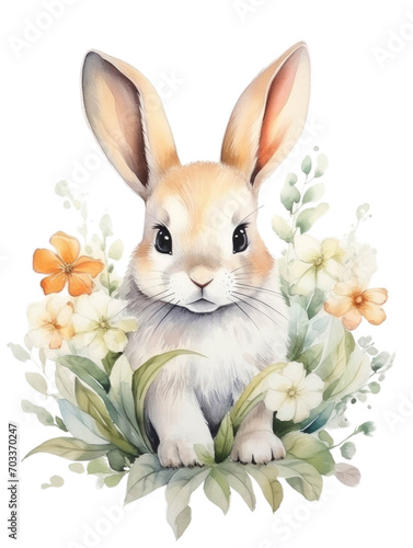 A charming illustration of a rabbit clutching a bouquet of flowers  with soft brown and white fur  against a light backdrop