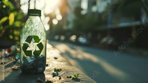 A clear glass jar with a green recycling symbol emblazoned on it, promoting eco-friendly practices by encouraging the reuse of glass containers instead of single-use plastics.