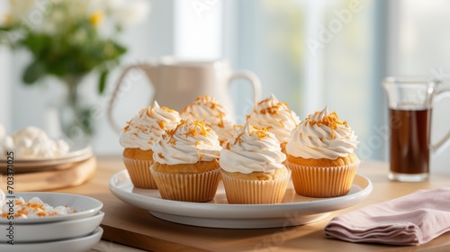  a close up of a plate of cupcakes on a table with a pitcher of tea in the background.