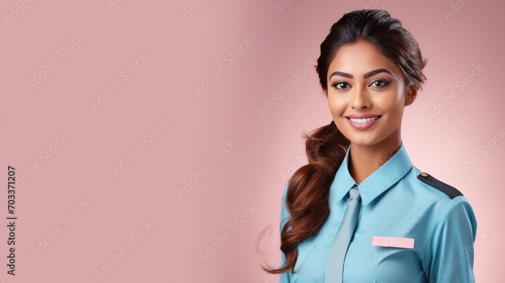 Indian woman in flight attendant uniform isolated on pastel background Indian woman in flight attendant uniform isolated on pastel background