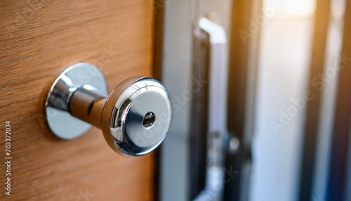 stainless steel door knob or handle with keyhole on wooden door wave style lever handle front door knob with lock modern interior design concept shallow depth of field