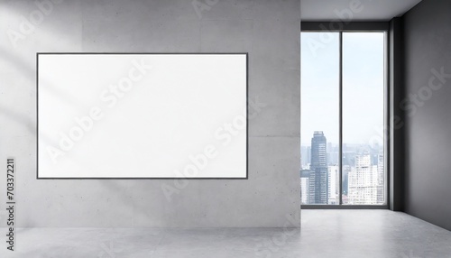 front view of blank white isolated poster on a light grey wall at the entrance to modern loft office interior with concrete floor and window with city view 3d rendering mockup template background