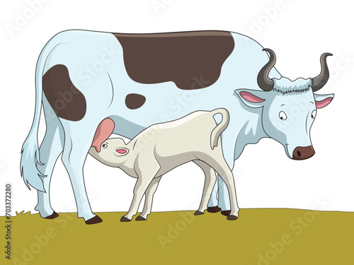 Cute calf and cow illustration