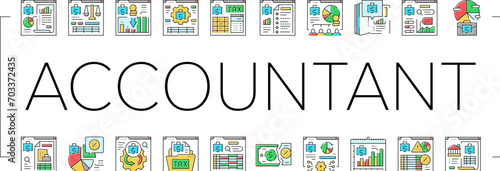 accountant tax office icons set vector. professional desk, woman business, computer invoice, budget account, finance, work accountant tax office color line illustrations